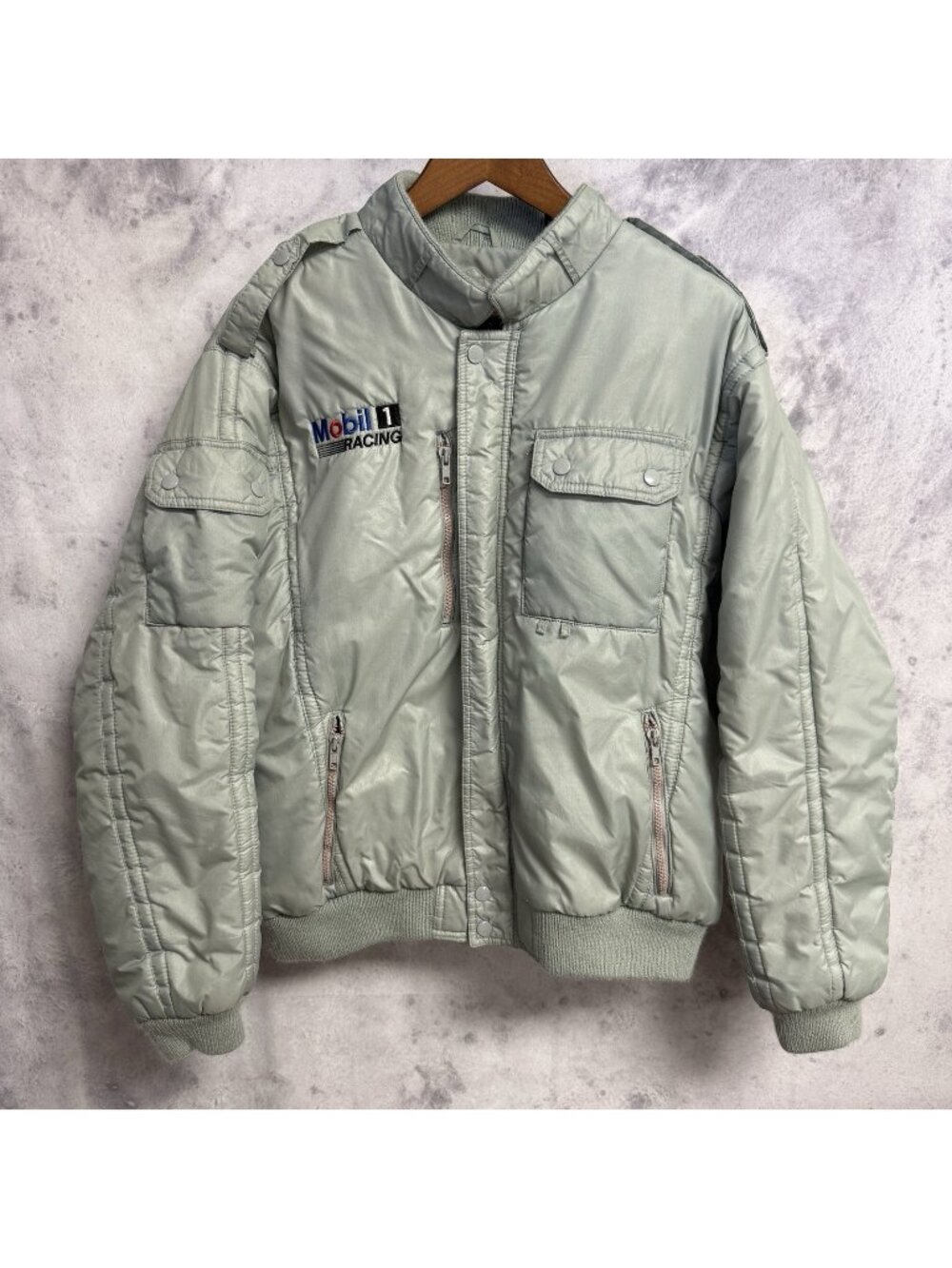 Vintage Mobile 1 Racing Bomber Jacket Mens XL Silver Stange